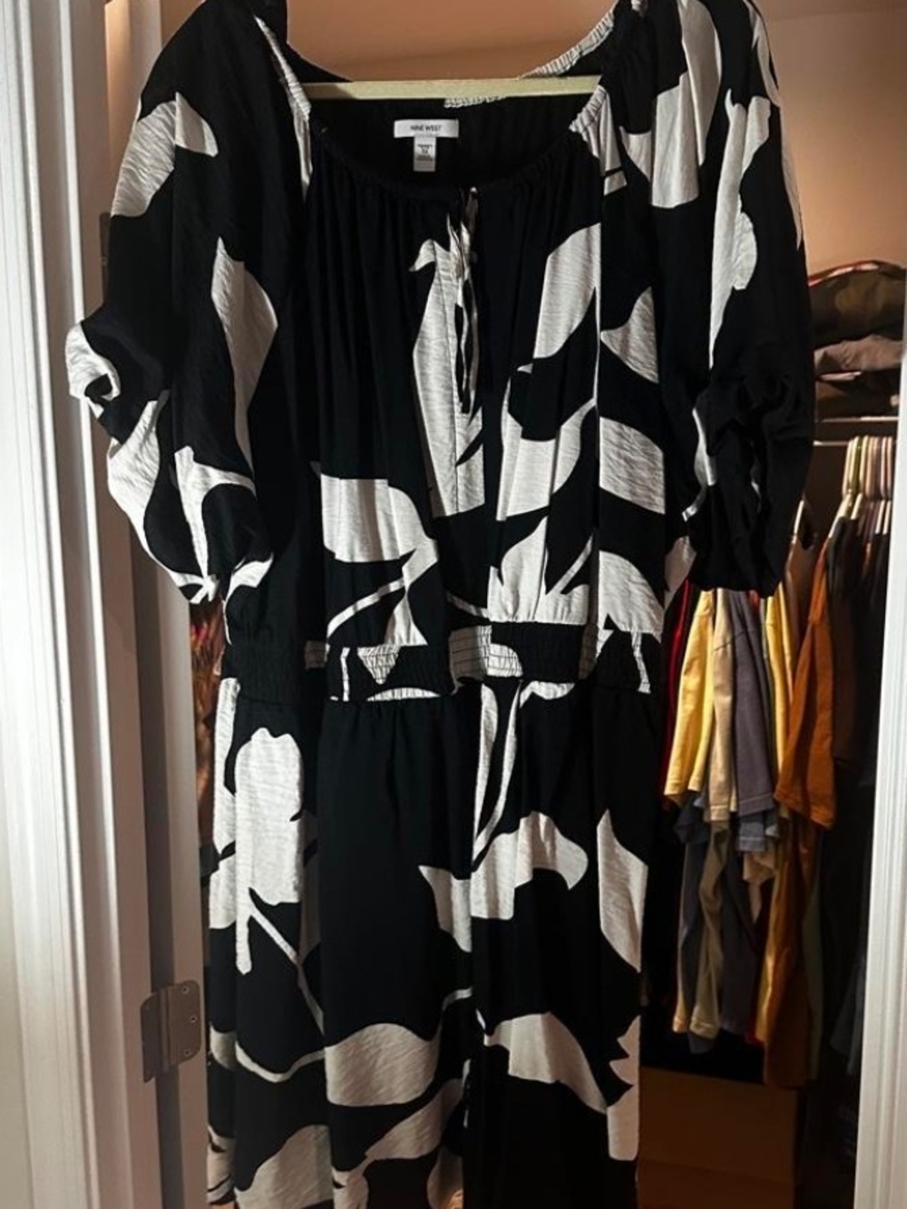 Nine West Black and White Floral-Print Midi Dress with Tie Neck